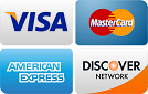 Logos of four credit card companies: Visa, MasterCard, American Express, and Discover Network, displayed in a grid.