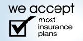 Text reading "we accept most insurance plans" with a checkmark beside it.