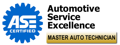 ASE Certified Master Auto Technician logo with a blue gear background and gold label.