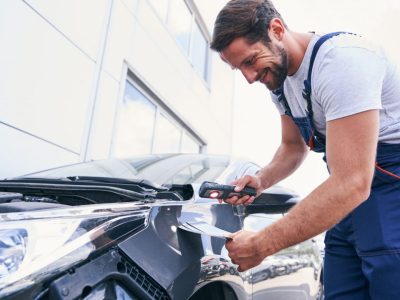 Mechanic wearing overalls inspects a car hood while holding a tablet and a tool, standing outside a modern building.